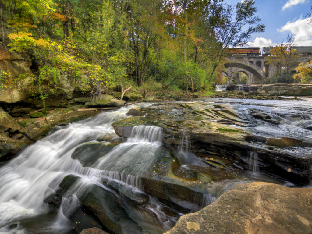 Scenic view of a waterfall at Rocky River Reservation