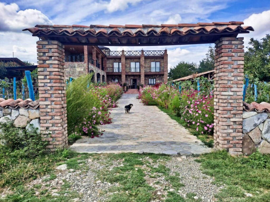 A dog near the entrance arch in a family marani