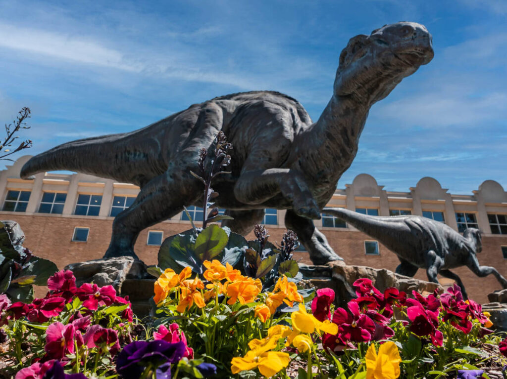 Close up view of the dinosaur sculptures at Fernbank Museum of Natural History