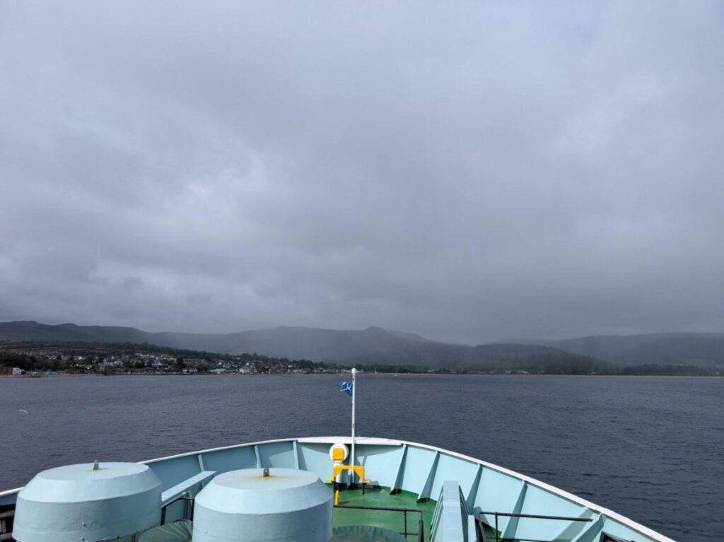 The gloomy view from the ferry into Brodick