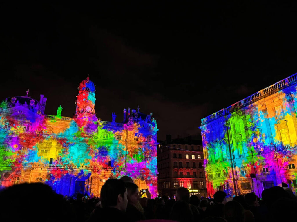 Colorful lights on the buildings in Fete des Lumieres
