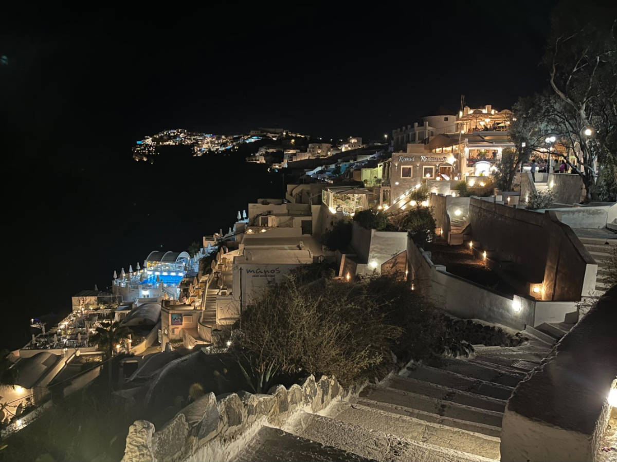 Overlooking view of Fira illuminated at night