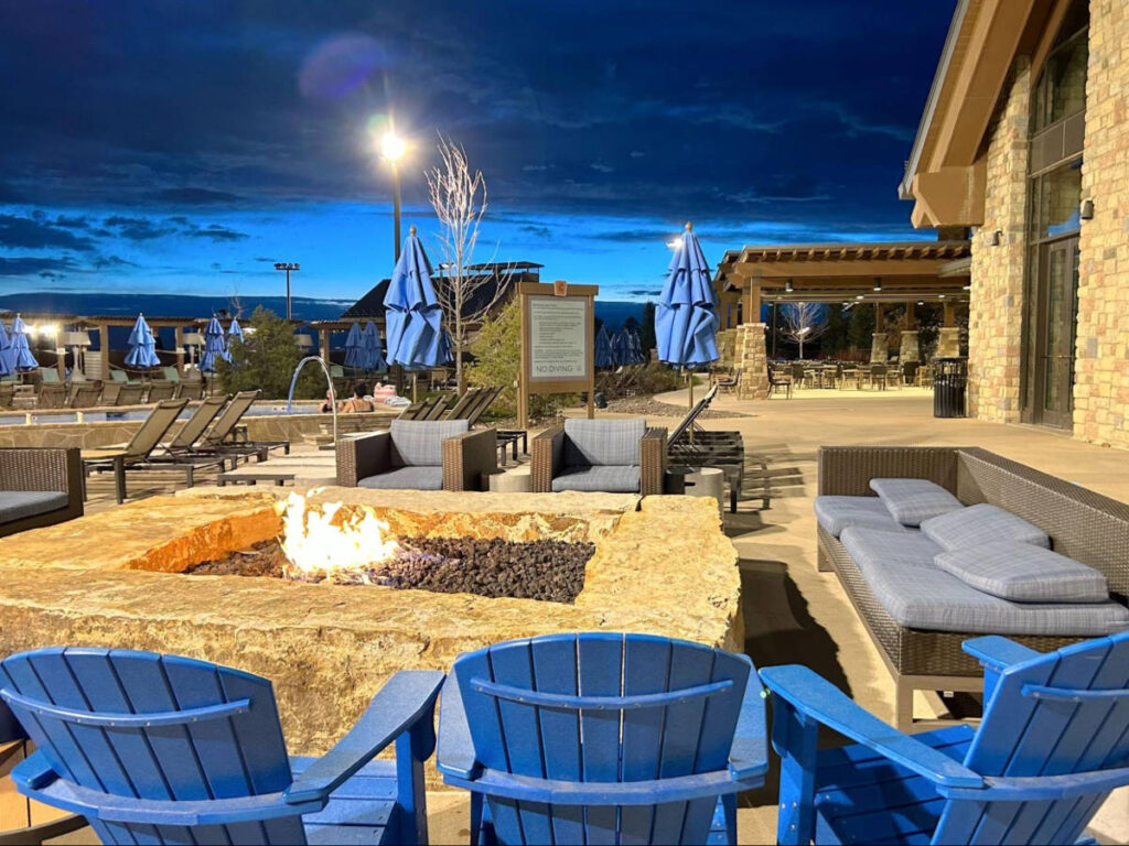 View of the firepits around the pools and hot tub