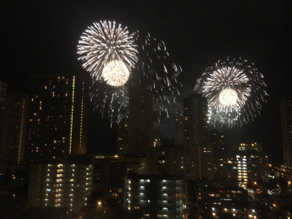 View of the fireworks over the skyline of Waikiki