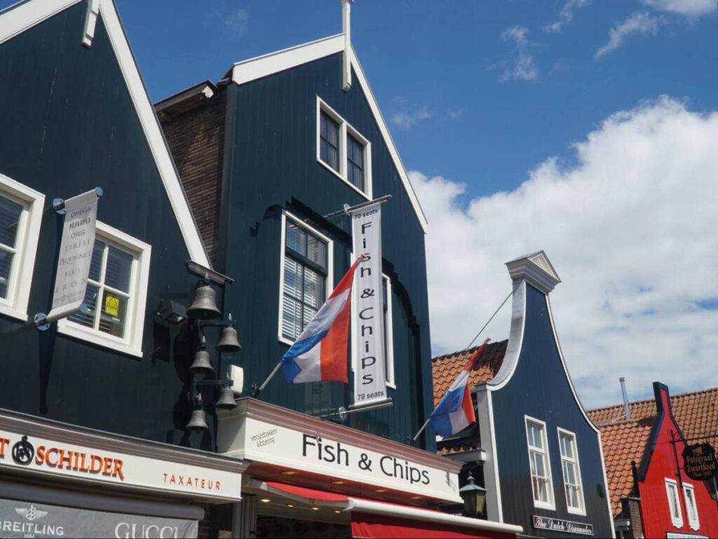 View of the storefront of Fish & Chips in Volendam