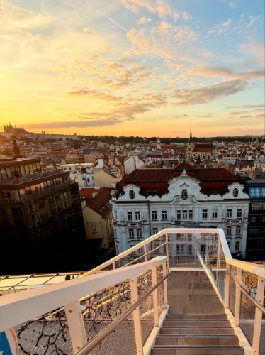 Overlooking view of the city from Fly Vista Rooftop at sunset