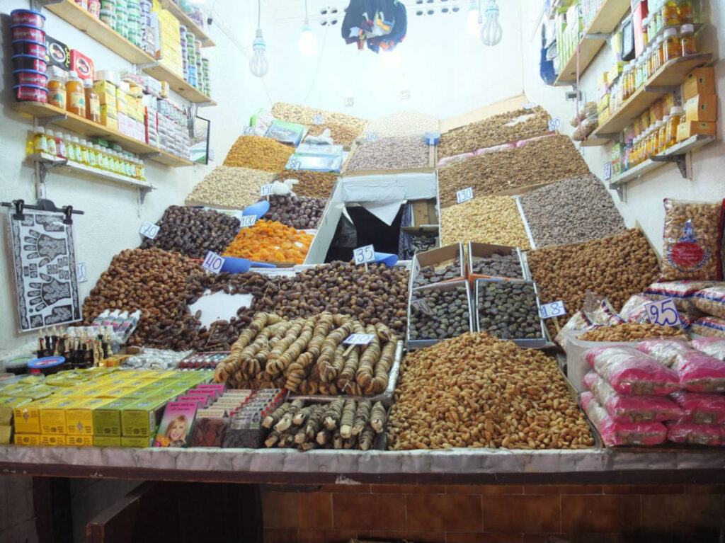 View of the market stall of spices and local foods in Marrakesh
