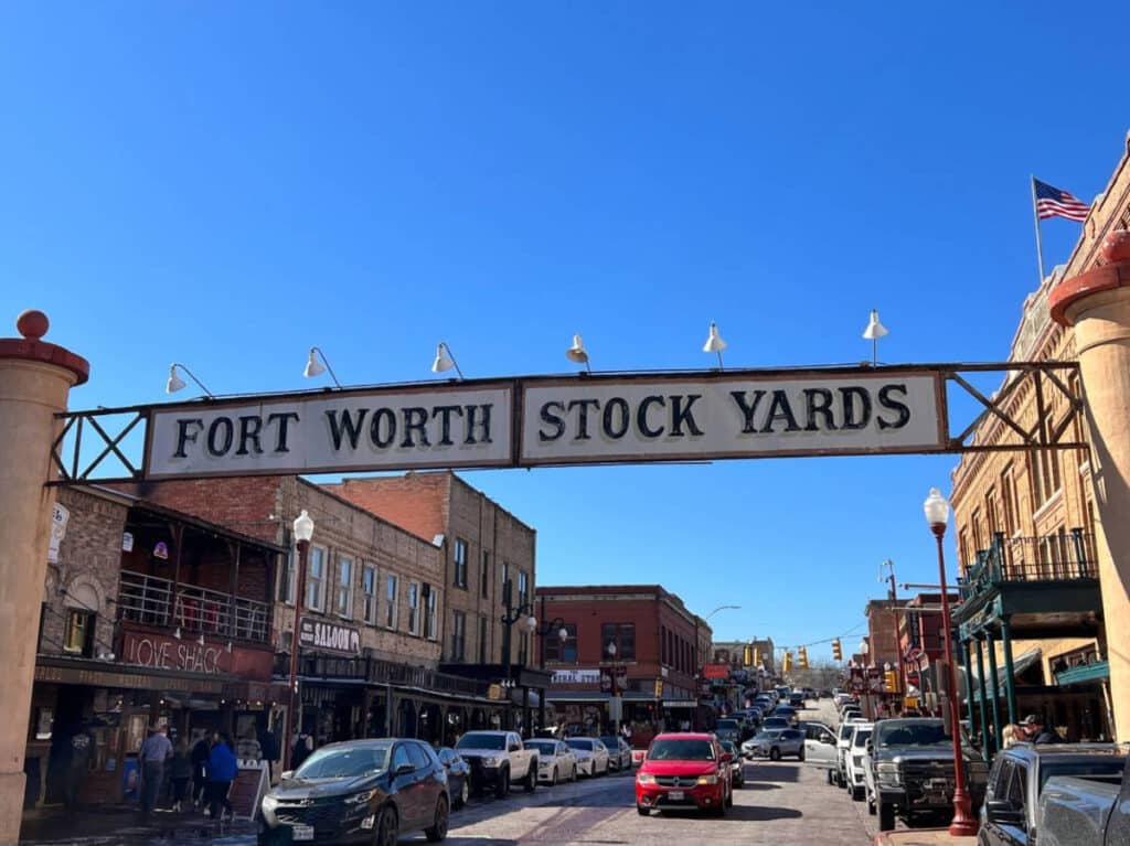 Clear blue sky over the arch of Fort Worth Stock Yards