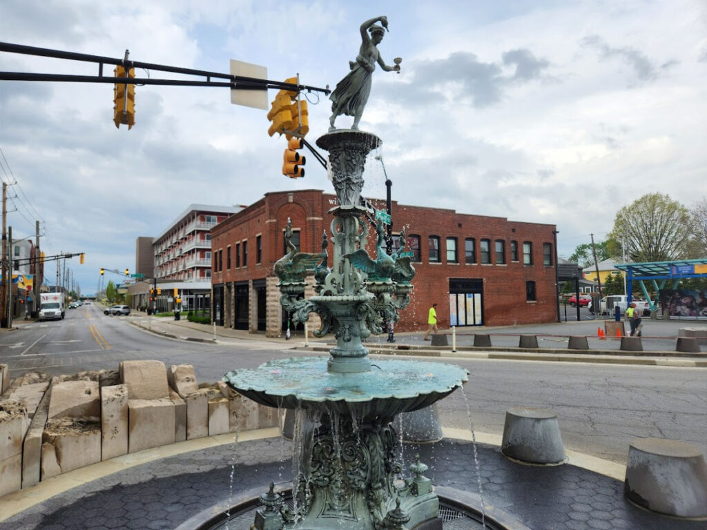 View of one of Fountain Square’s fountains near the streets