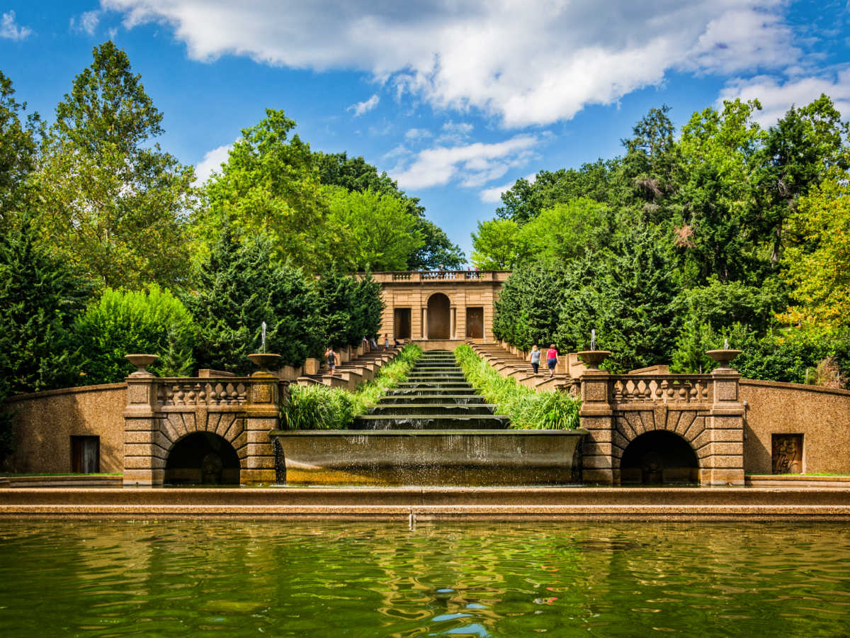 Blue sky over cascading fountain in Meridian Hill Park