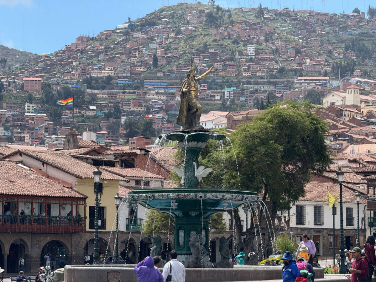 A statue on top of the fountain in Cusco’s Plaza de Armas