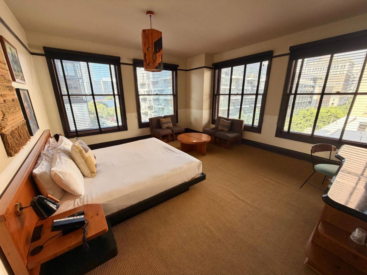 View of the huge windows around the deluxe king room at the Freehand hotel