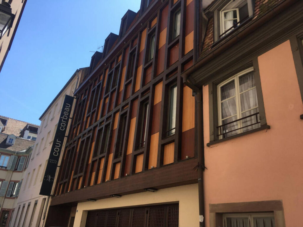 Closeup look of the exterior details of Cour du Corbeau Hotel Strasbourg
