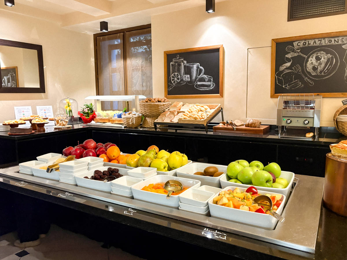 The fruit and bread selection at the buffet breakfast