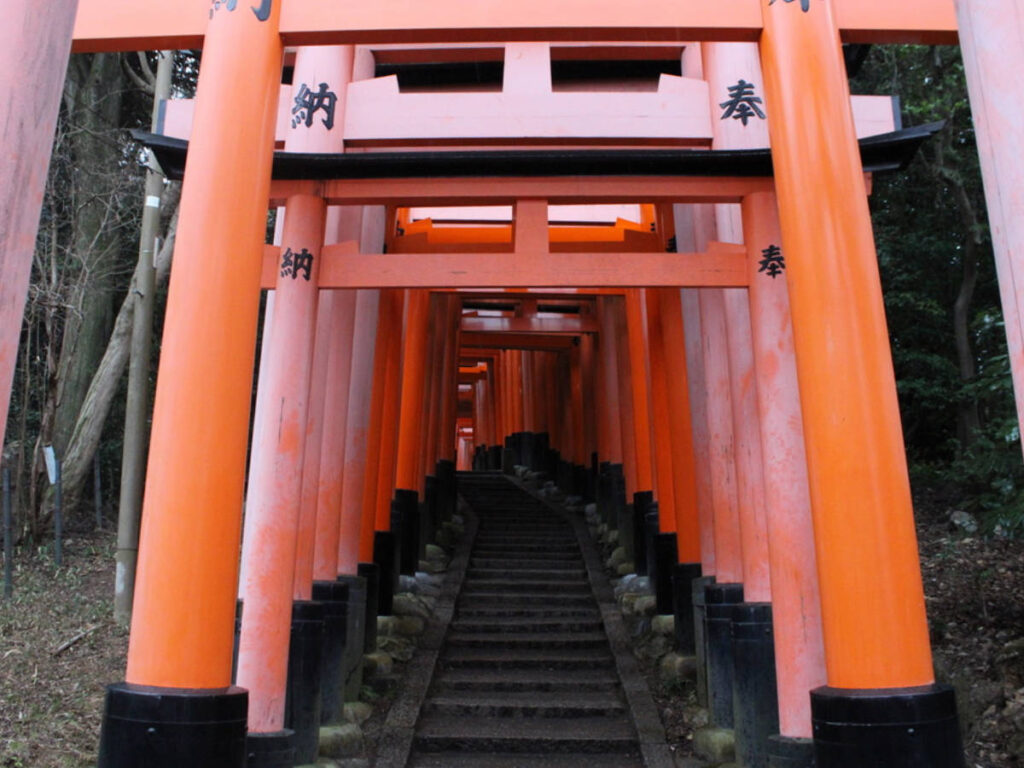 View of staircase at the Fushimi Inari Shrine near Kyoto, Japan