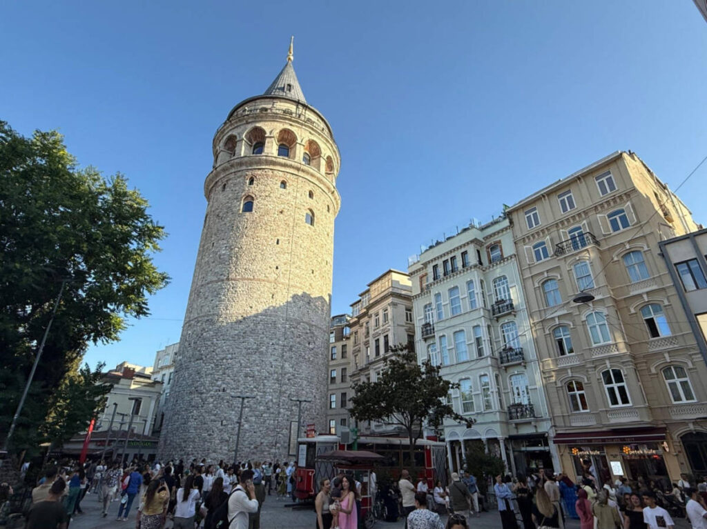 Perspective view of the Galata Tower against the clear blue sky