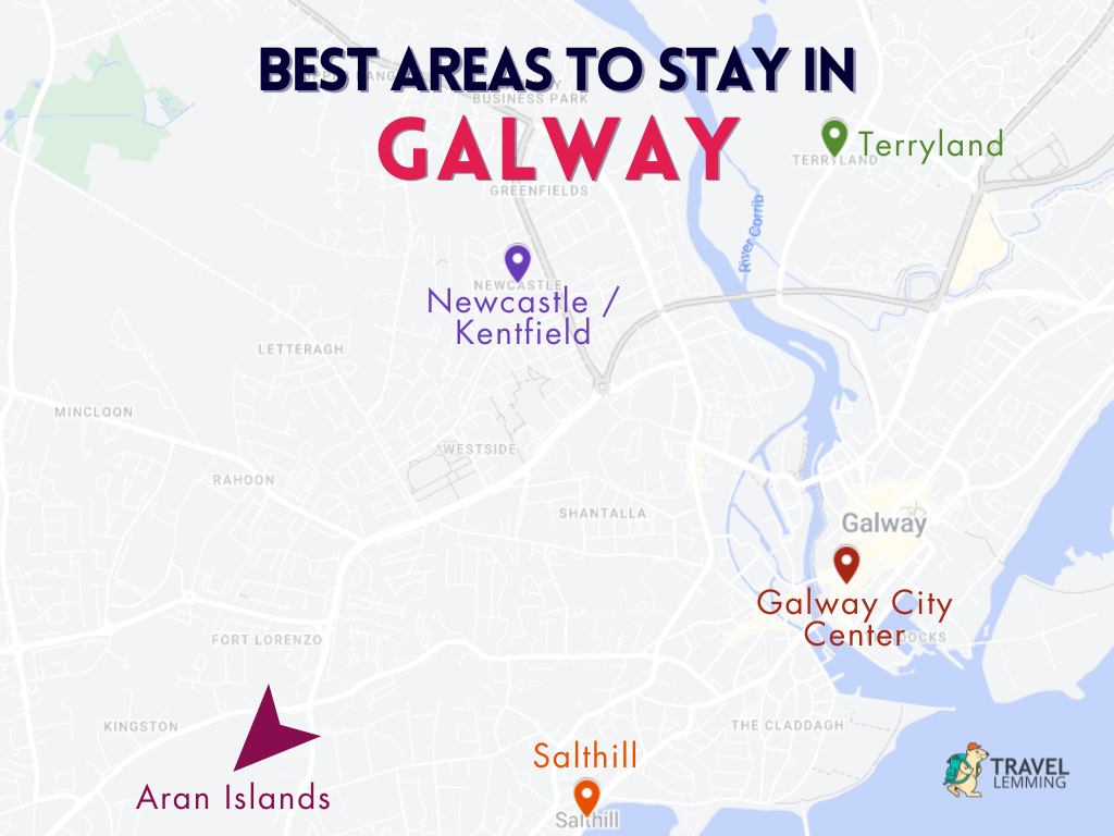 A graphic map that shows the best areas to stay in Galway