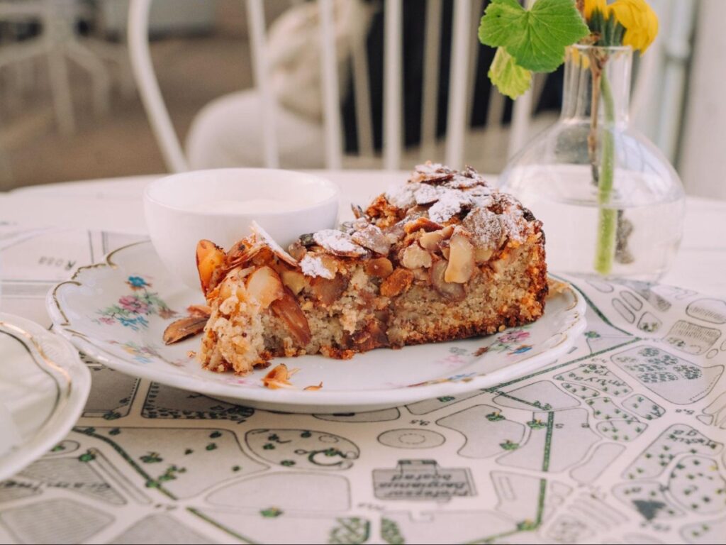 A plate of Gamla Orangeriet’s almond-apple pie