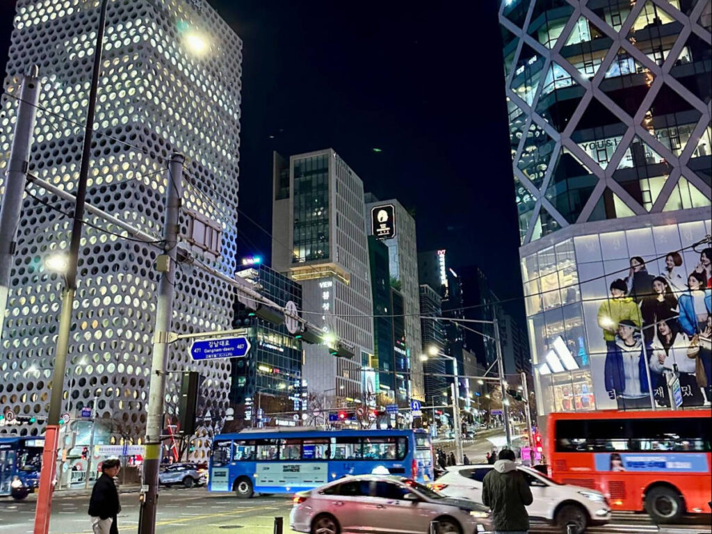 The high rises around the Gangnam Shopping Street at night