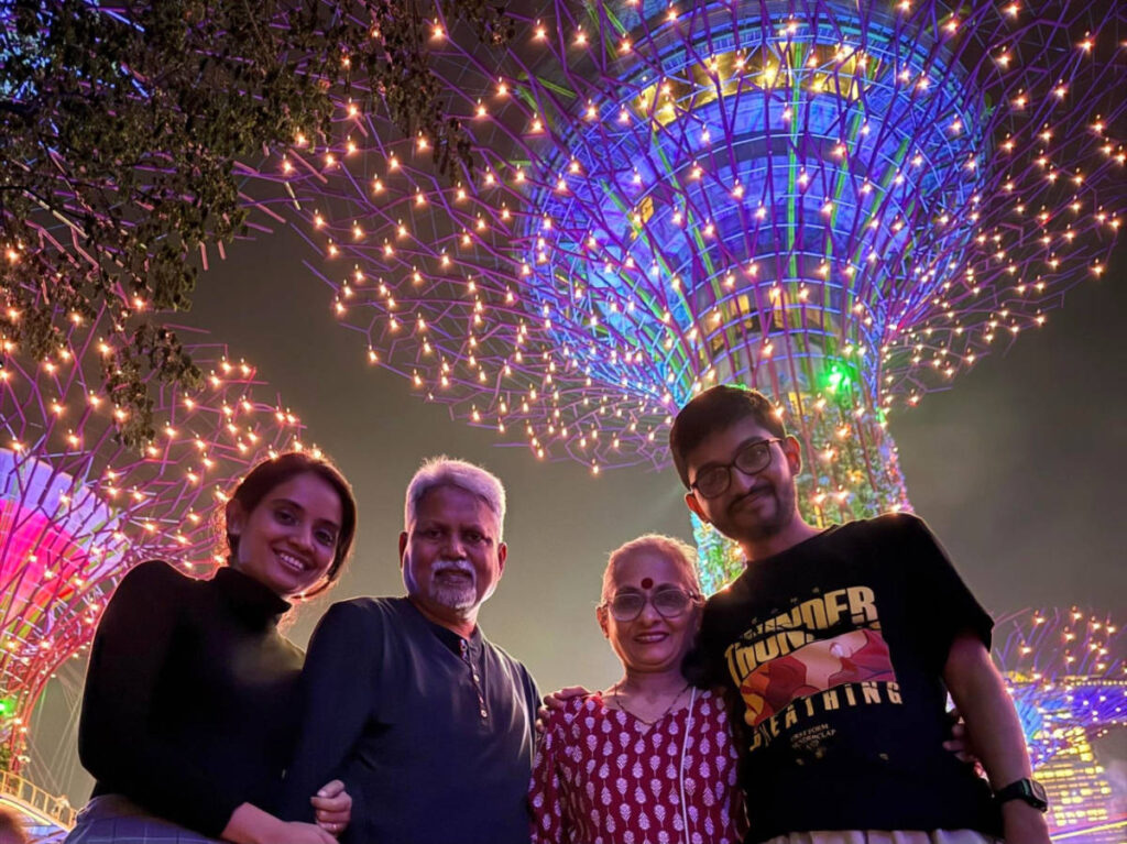 The author, Advaita with her family in Gardens By The Bay at night