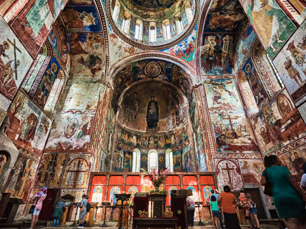 View of the preserved medieval frescoes inside the Gelati Monastery