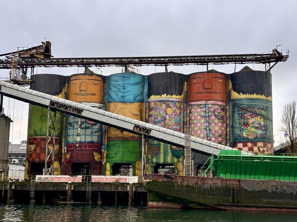 View of the colorful and giant artwork at Granville Island