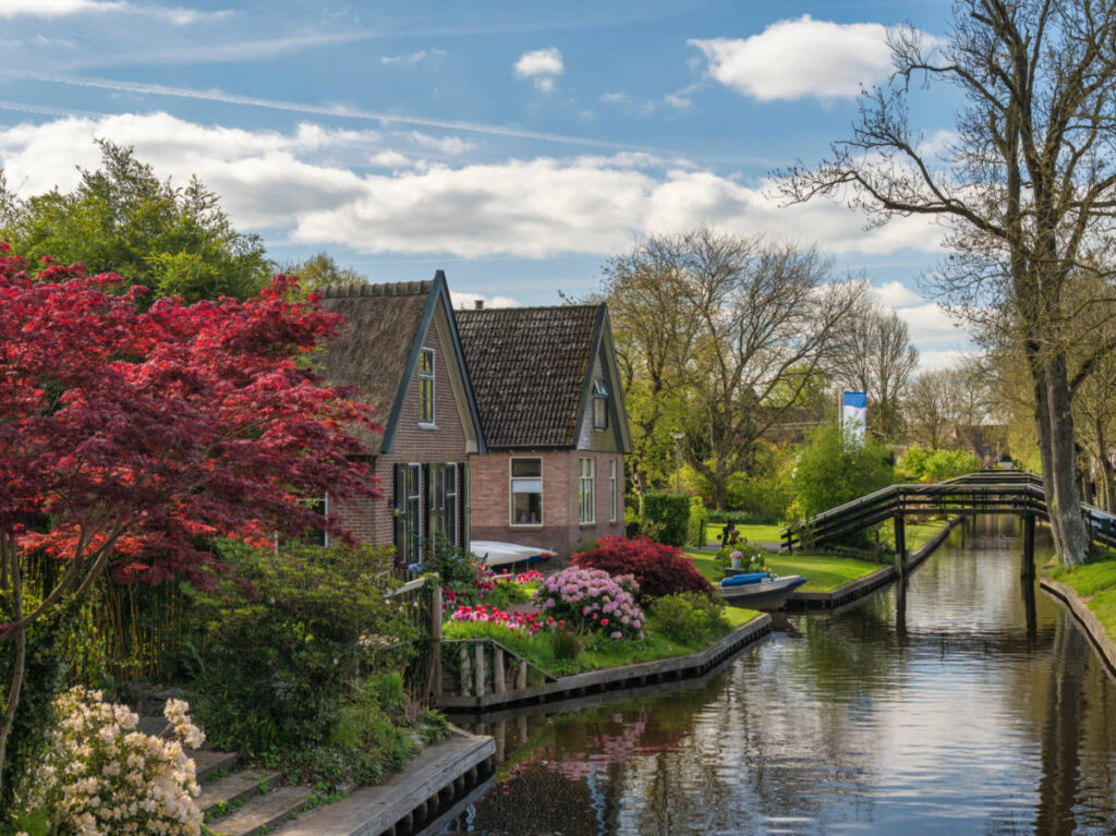 The houses surrounded by blooming flowers and greenery along the canal in Giethoorn