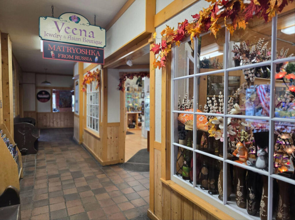 View of the gift shops with fall decorations in Leavenworth