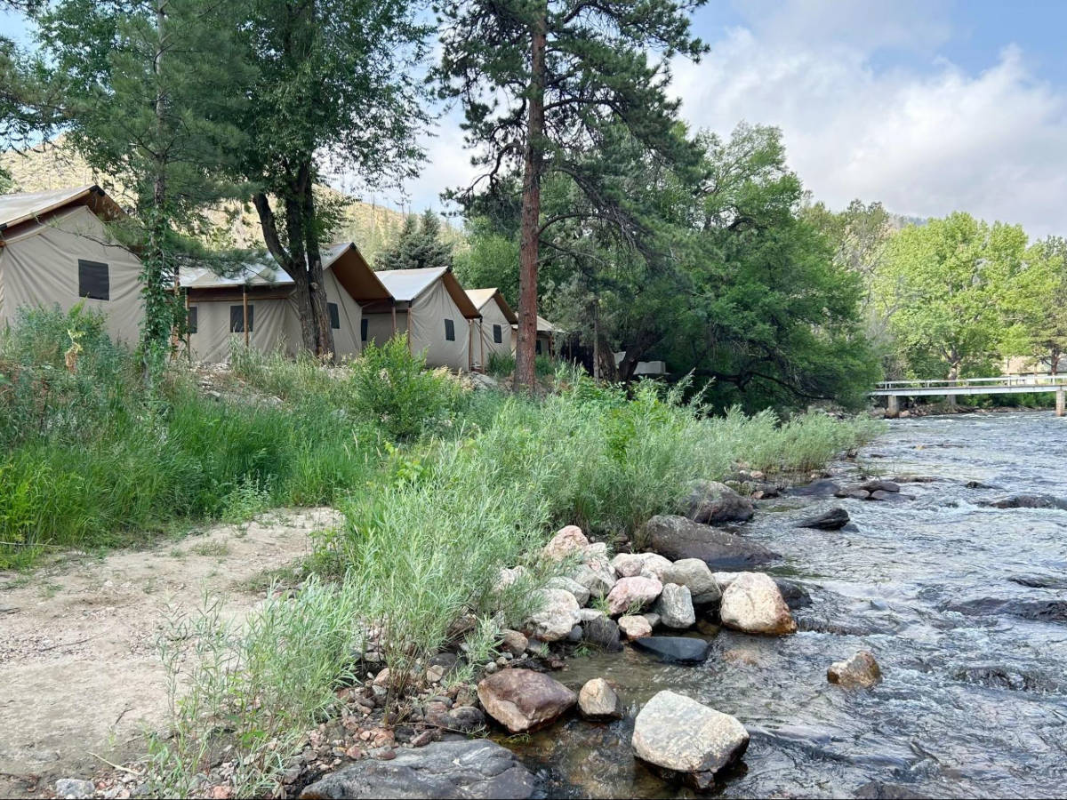 View of the riverside glamping tents surrounded by greenery
