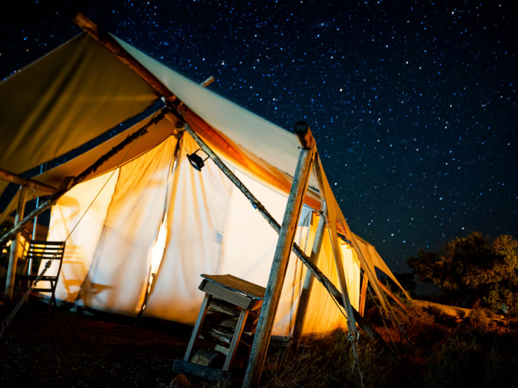 Glamping canopy tent at night under the stars in Southern Utah