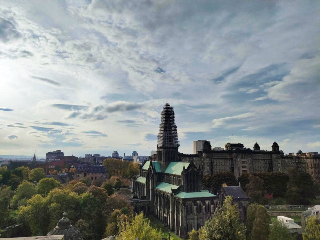 Overlooking view of the green roof of Glasgow Cathedral