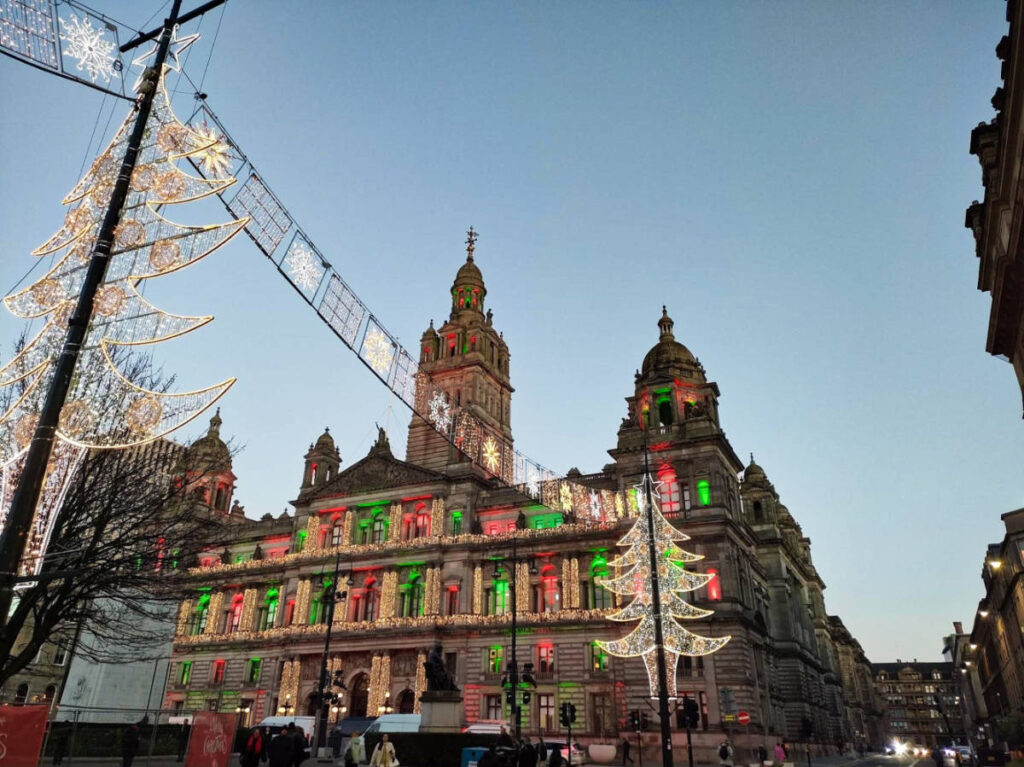 View of the holiday decorations around the Glasgow City Chambers