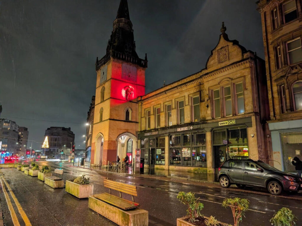 View of a street in Glasgow at night