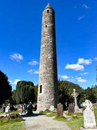 Exterior view of the Glendalough Roundtower on a sunny day