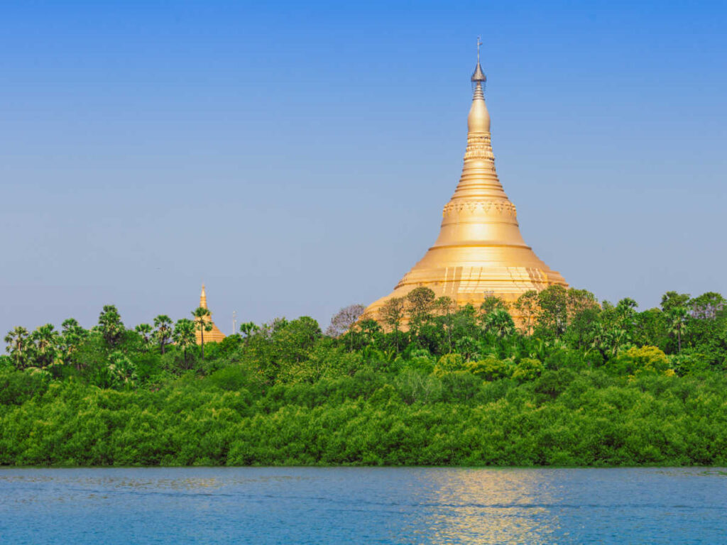 View of the gleaming spire of the Vipassana pagoda behind the greenery