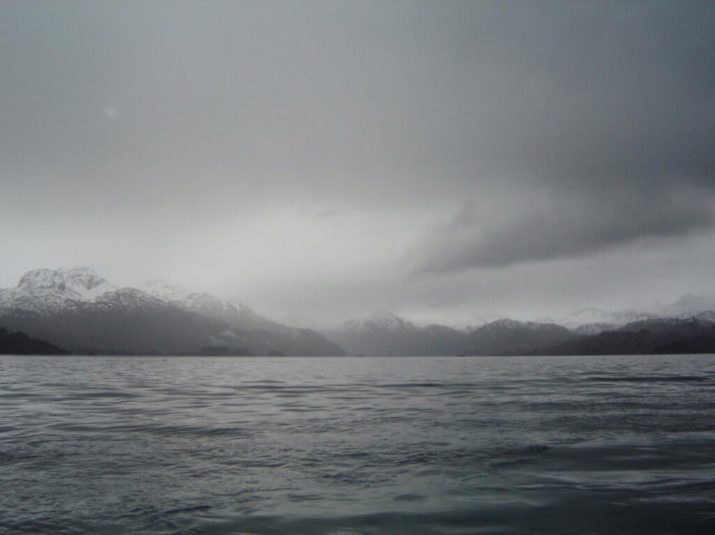 View of the gloomy and gray sky of Kodiak, Alaska