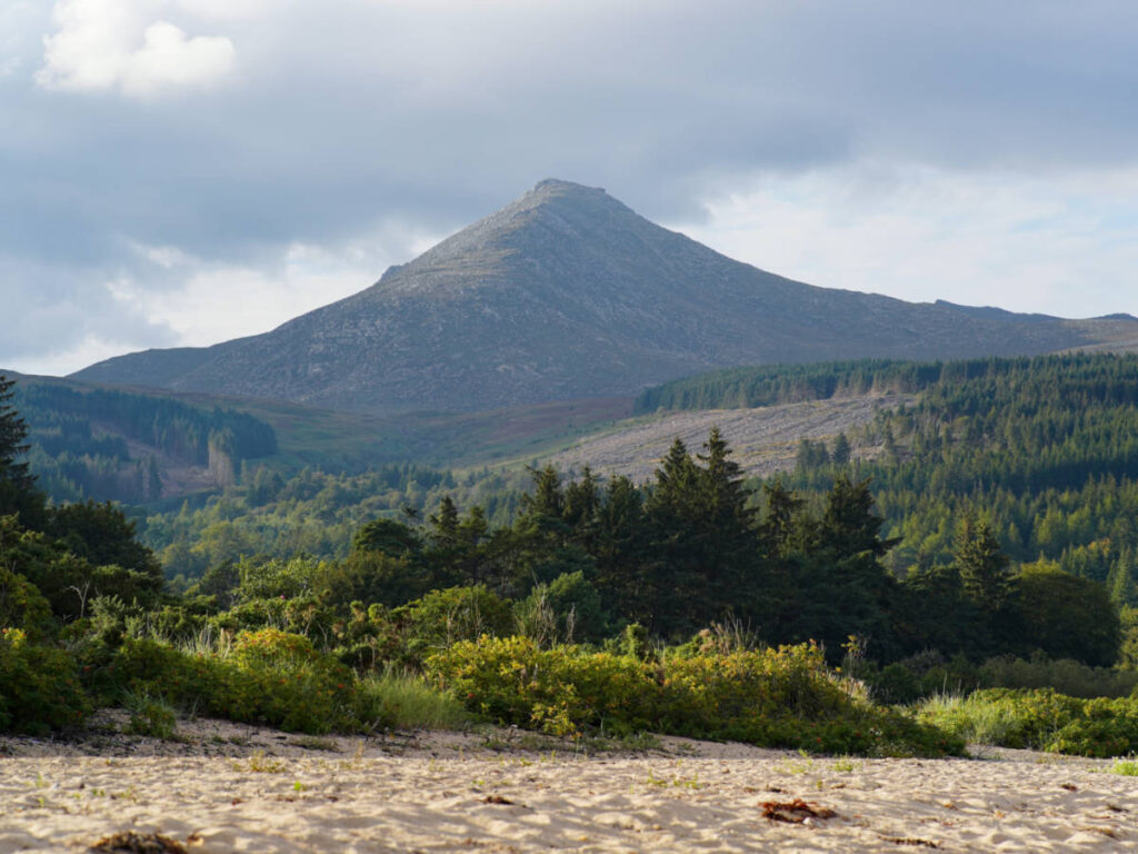 Scenic view of the Goatfell Mountain and the lush greenery around