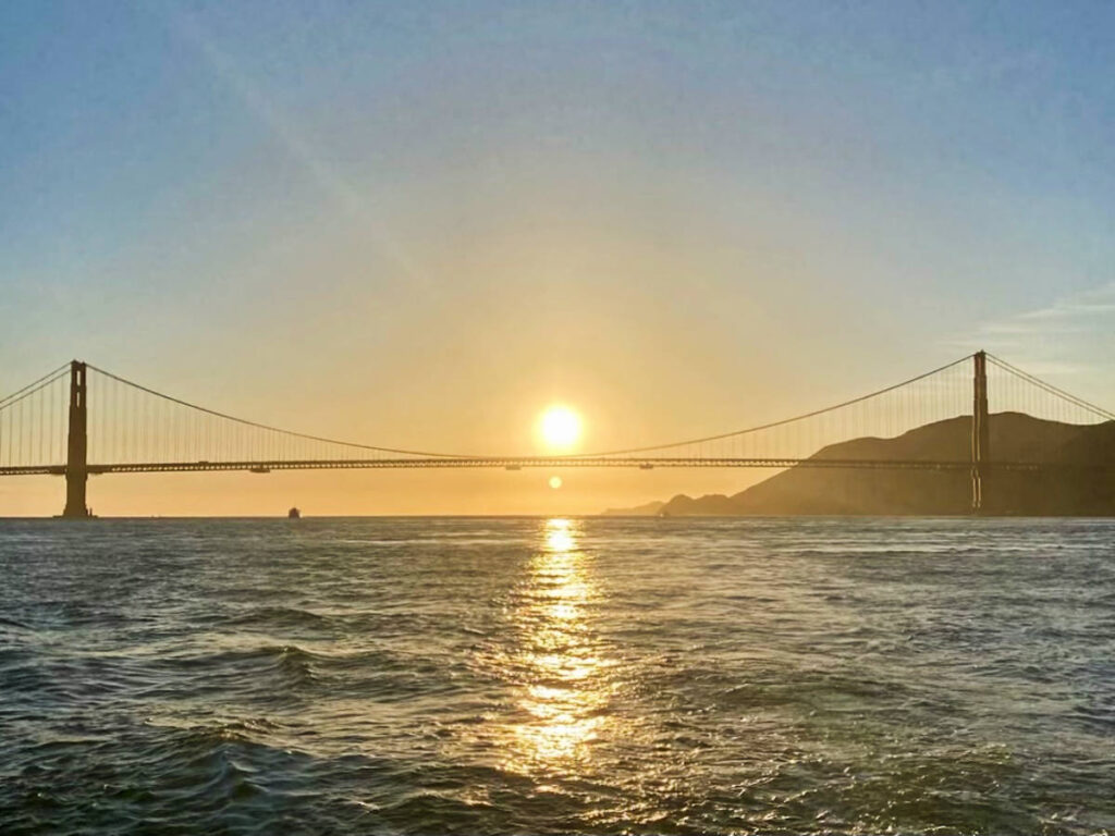 View of the Golden Gate Bridge during sunset