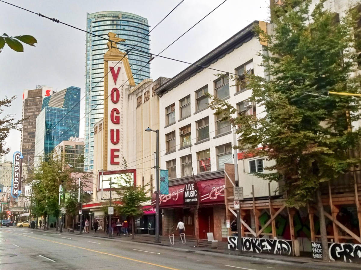 View of the nightclubs, theaters, and graffiti along the Granville Street in Vancouver