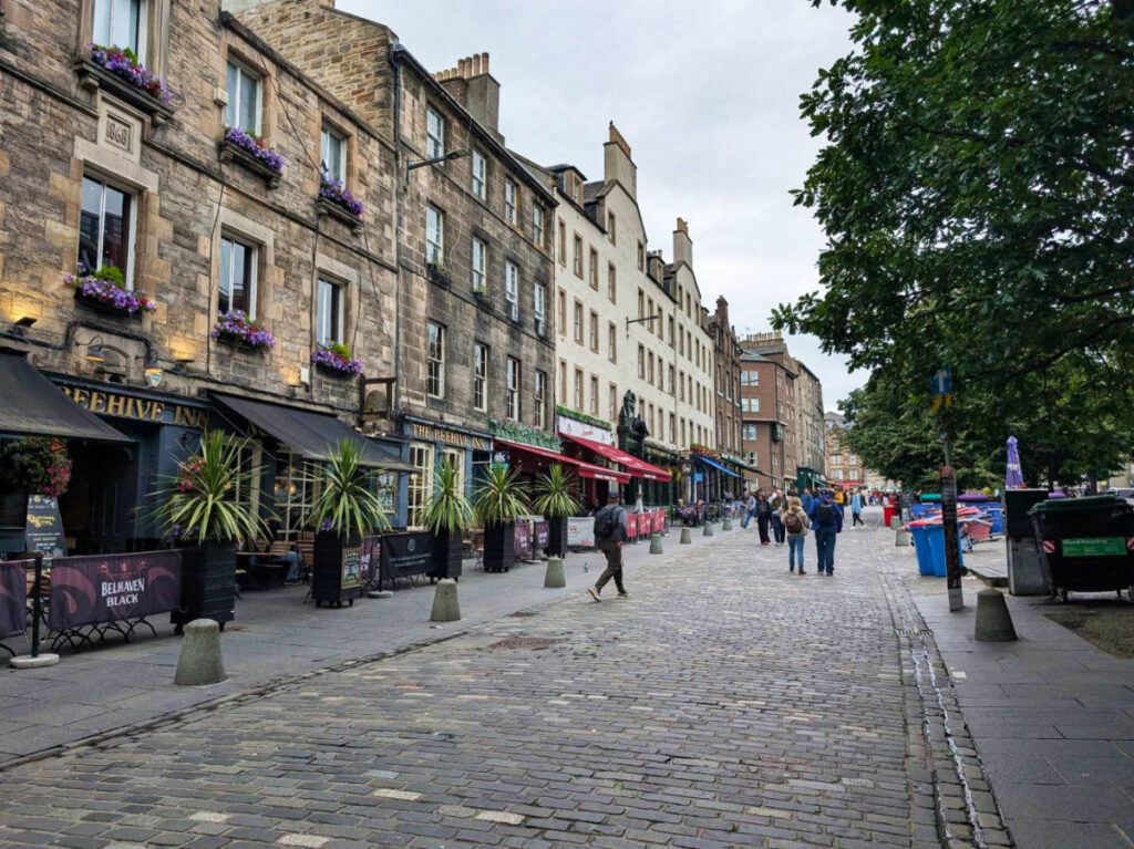 View of the patio seating of the restaurants along the Grassmarket Square