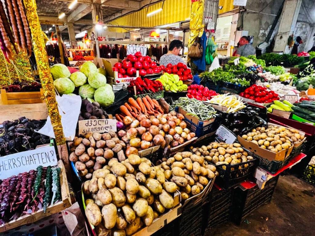 View of the displayed vegetables and other produce at the Green Bazaar