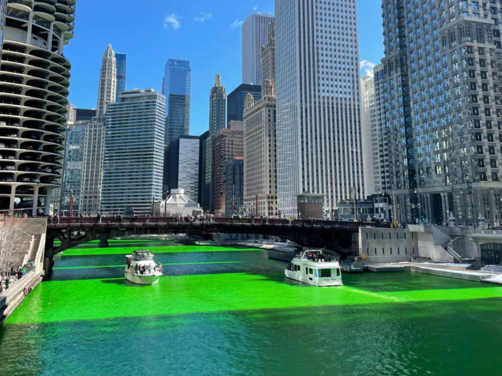 View of the green water of Chicago River during St. Patrick's Day