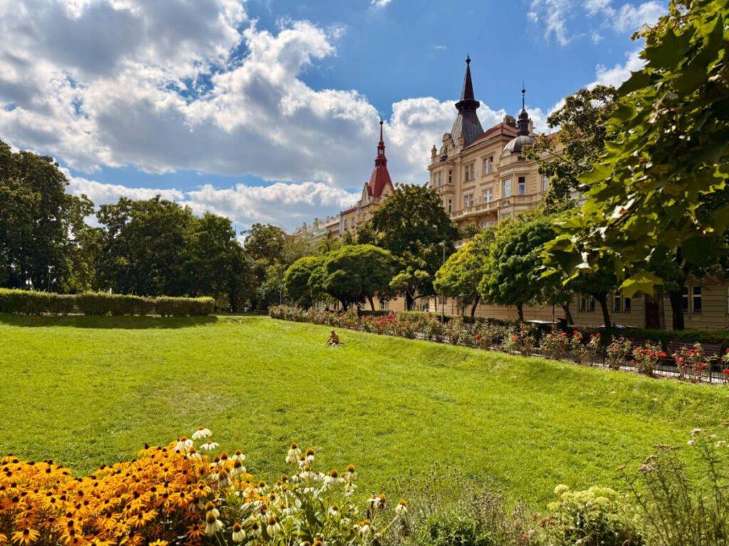 View of the beautiful architecture and greenery around Vinohrady