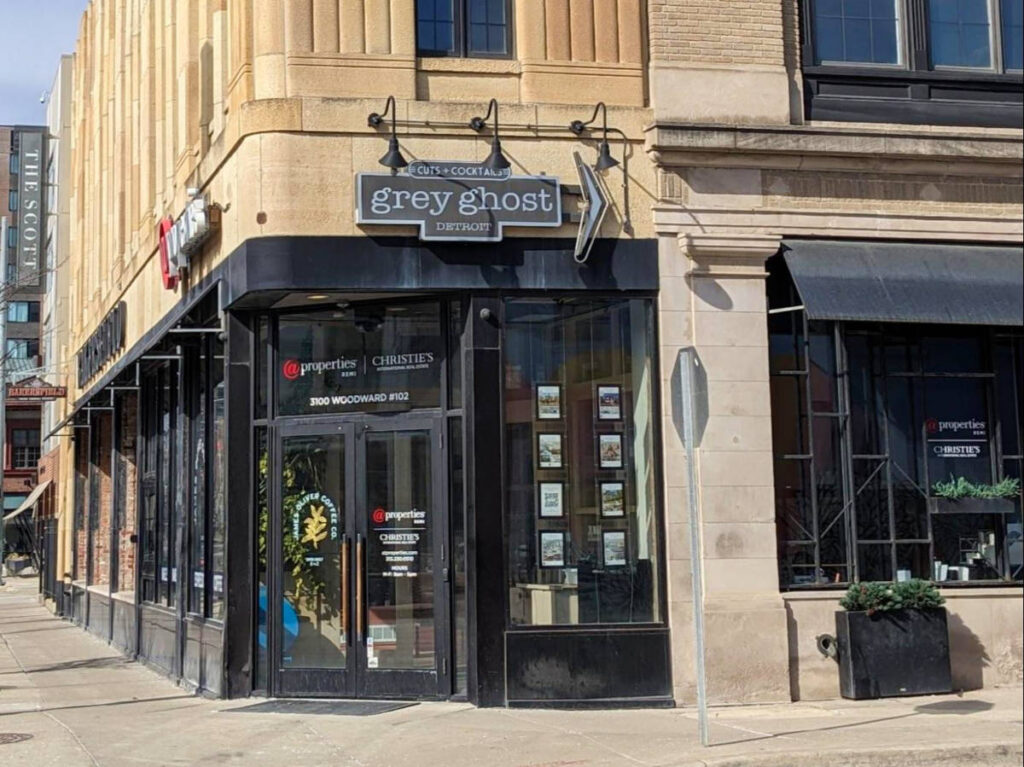View of the exterior and entrance of the Grey Ghost Detroit
