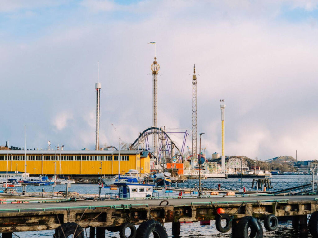 View of the rides of Gröna Lund from Djurgården’s harbor
