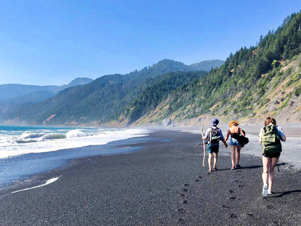 A group of friends walking along the Lost Coast