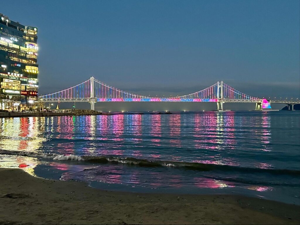 View of the Gwangan Bridge lighting up in the evening