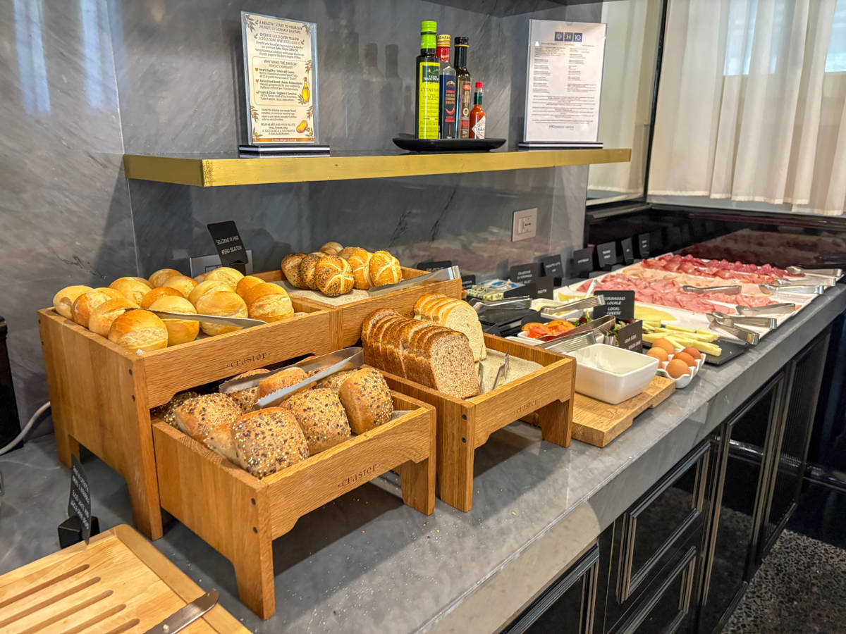 The breads, meats, and veggies at breakfast