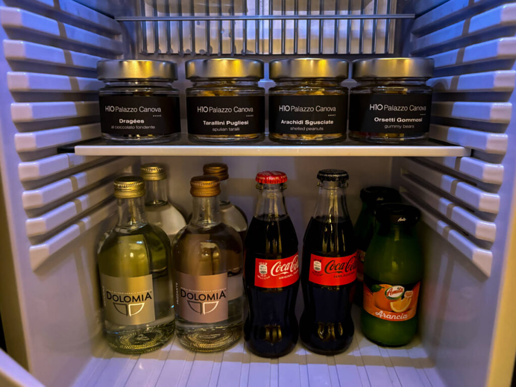 View of the drinks inside the mini fridge