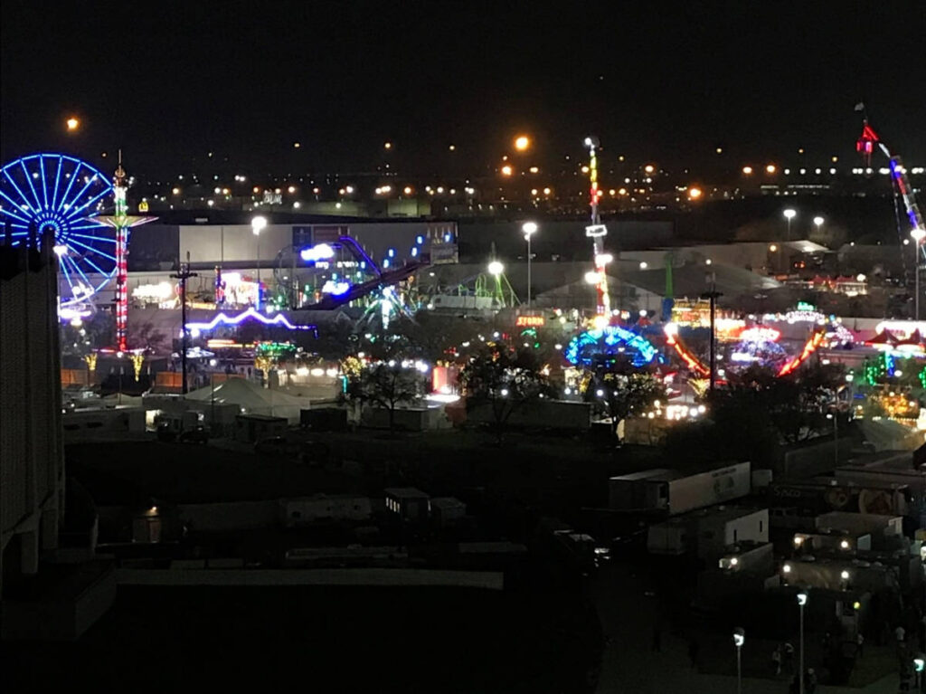 Overlooking view of the carnival at Houston Livestock Show and Rodeo at night